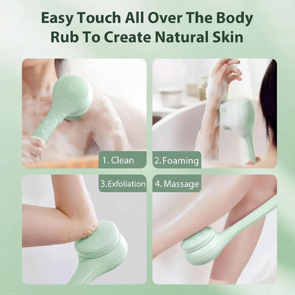 Electric Body Brush with 4 Heads,Back Scrubber for Shower, Waterproof Long Dual Handle Power Body Scrubber, Bath Brush for Clean