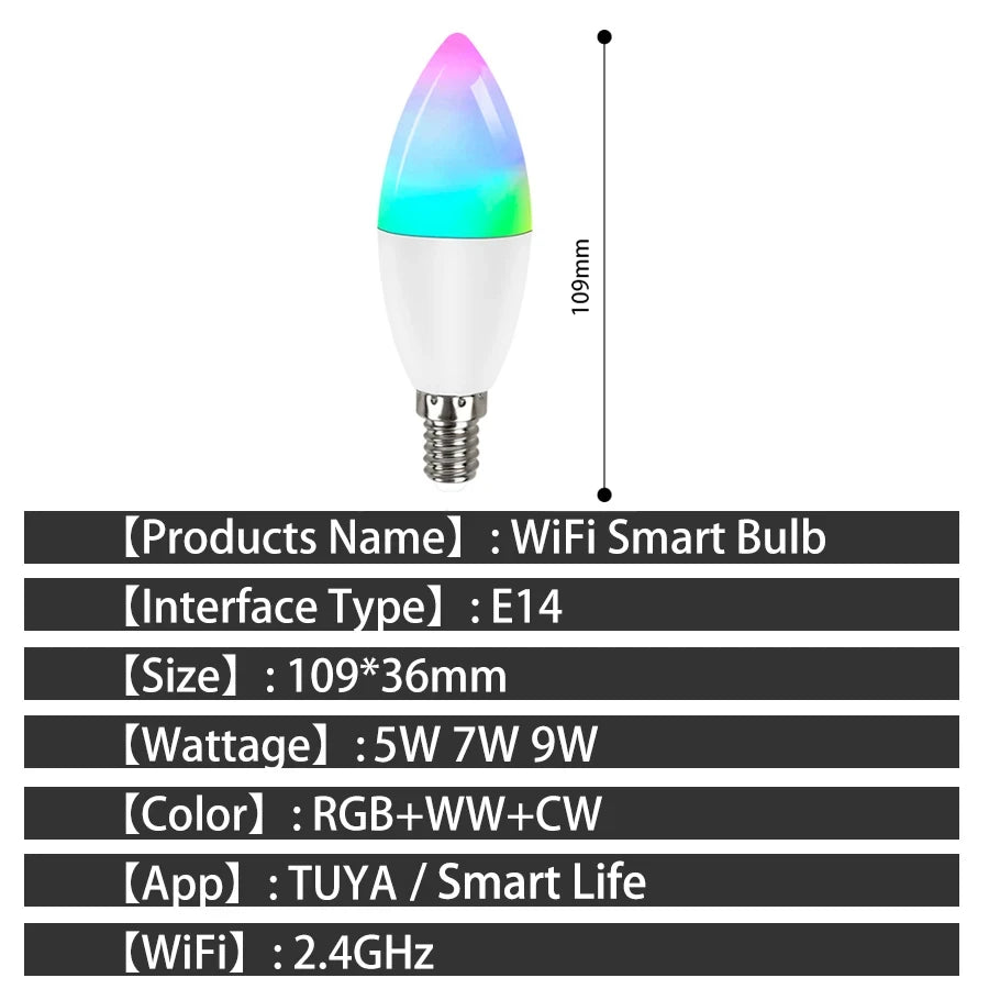 Smart Led Candle Light Bulbs E14 Wifi Bluetooth Tuya Smart Life Spotlight RGB Lamp App Control for Bedroom Living Room Decor