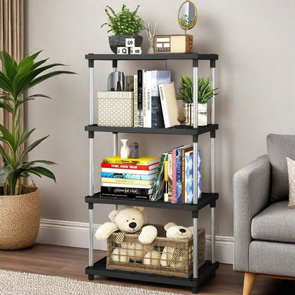 4 Tier Storage Shelf Organizer, Multipurpose Shelving Unit with Stainless Steel Poles for Kitchen Bathroom Living Room Storage