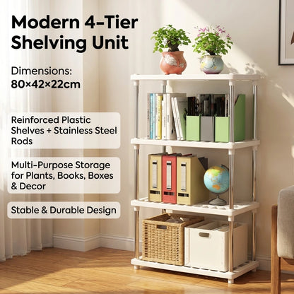 4 Tier Storage Shelf Organizer, Multipurpose Shelving Unit with Stainless Steel Poles for Kitchen Bathroom Living Room Storage