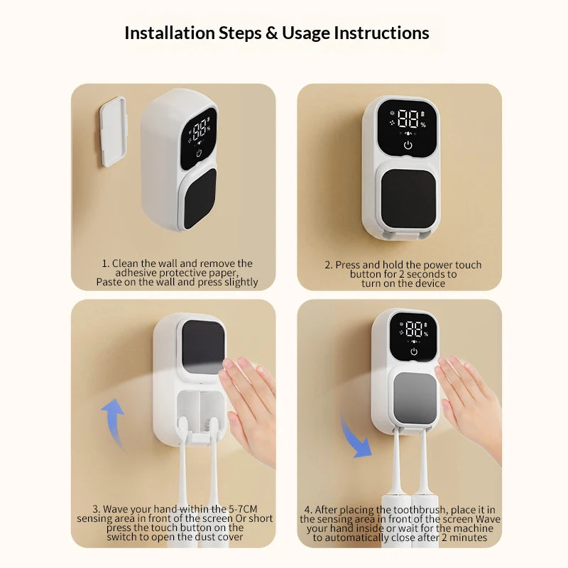 Mini Dual Toothbrush UV Steriliser, Portable Rechargeable Disinfector with Sensor Switch & Charging Display