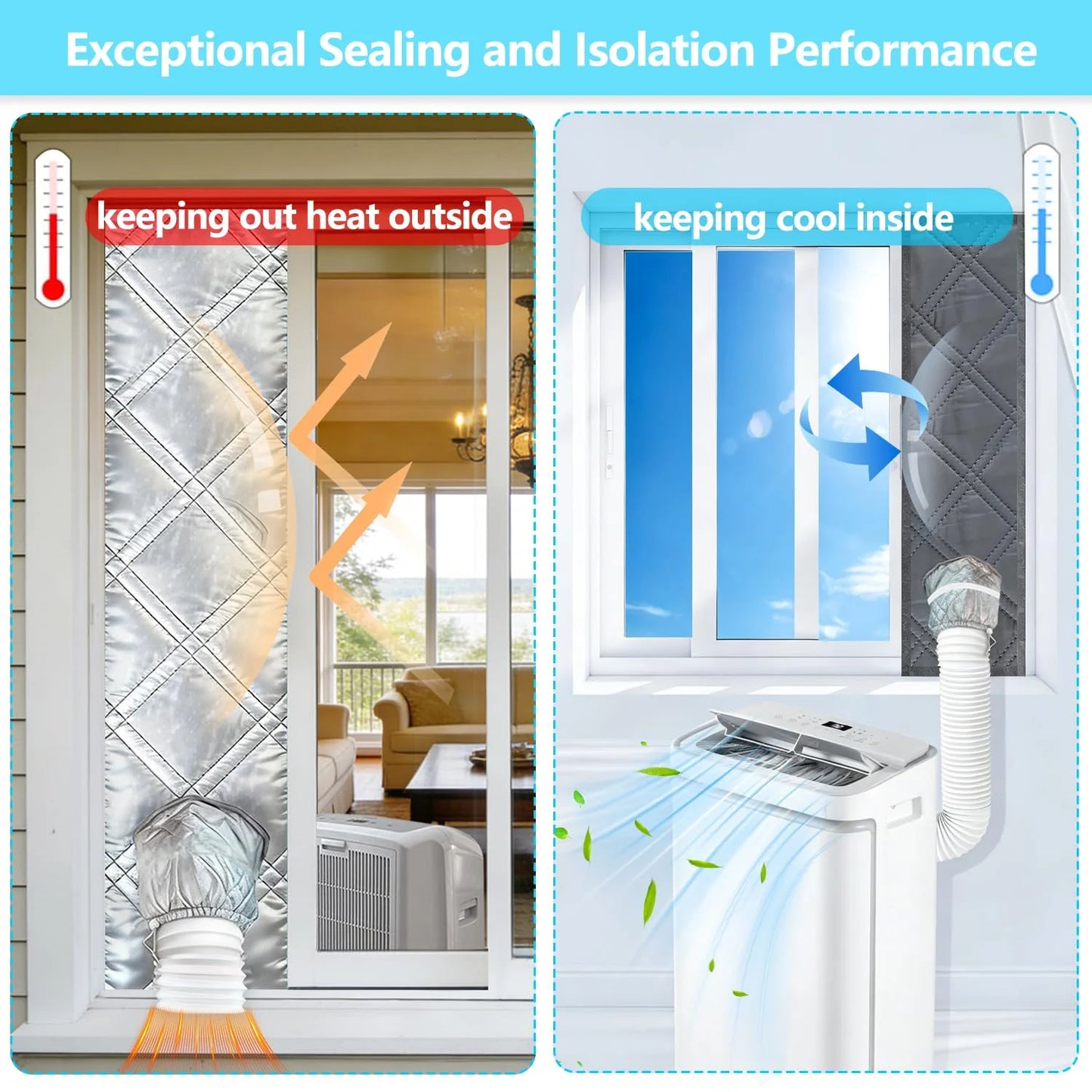 Padded Portable AC Window Seal Kit Silver Coated Sliding Window Vent Cloth for Air Conditioner Exhaust Hose Insulation