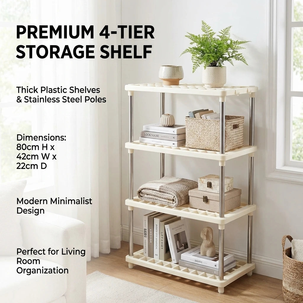4 Tier Storage Shelf Organizer, Multipurpose Shelving Unit with Stainless Steel Poles for Kitchen Bathroom Living Room Storage