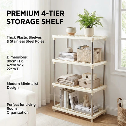 4 Tier Storage Shelf Organizer, Multipurpose Shelving Unit with Stainless Steel Poles for Kitchen Bathroom Living Room Storage