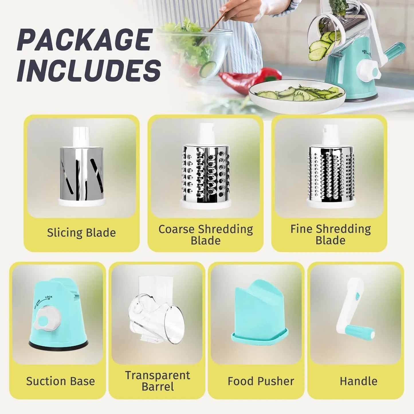 Hand Crank Rotary Vegetable Cutter 3 Drum Grater 3in1 Vertical Slicer Shredder Grinder Multifunction Manual Kitchen Cutting Tool