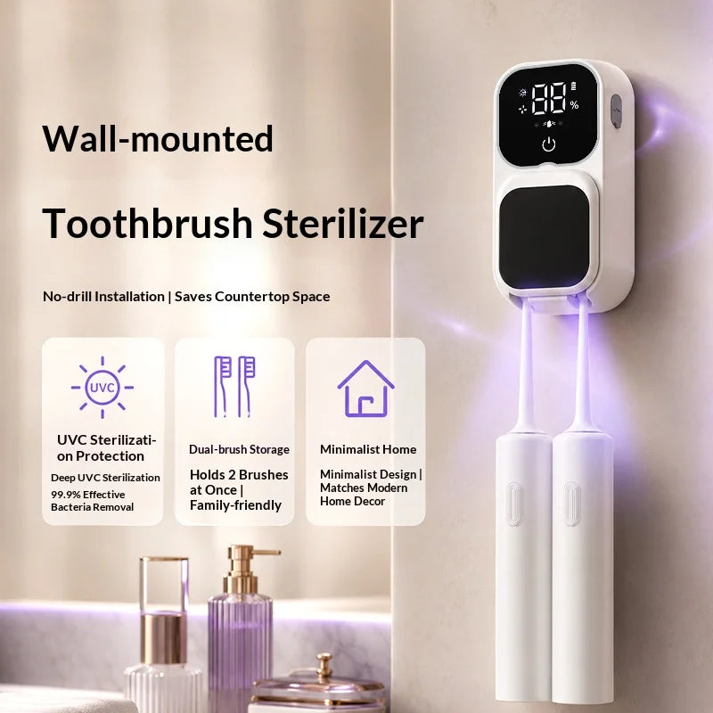 Mini Dual Toothbrush UV Steriliser, Portable Rechargeable Disinfector with Sensor Switch & Charging Display