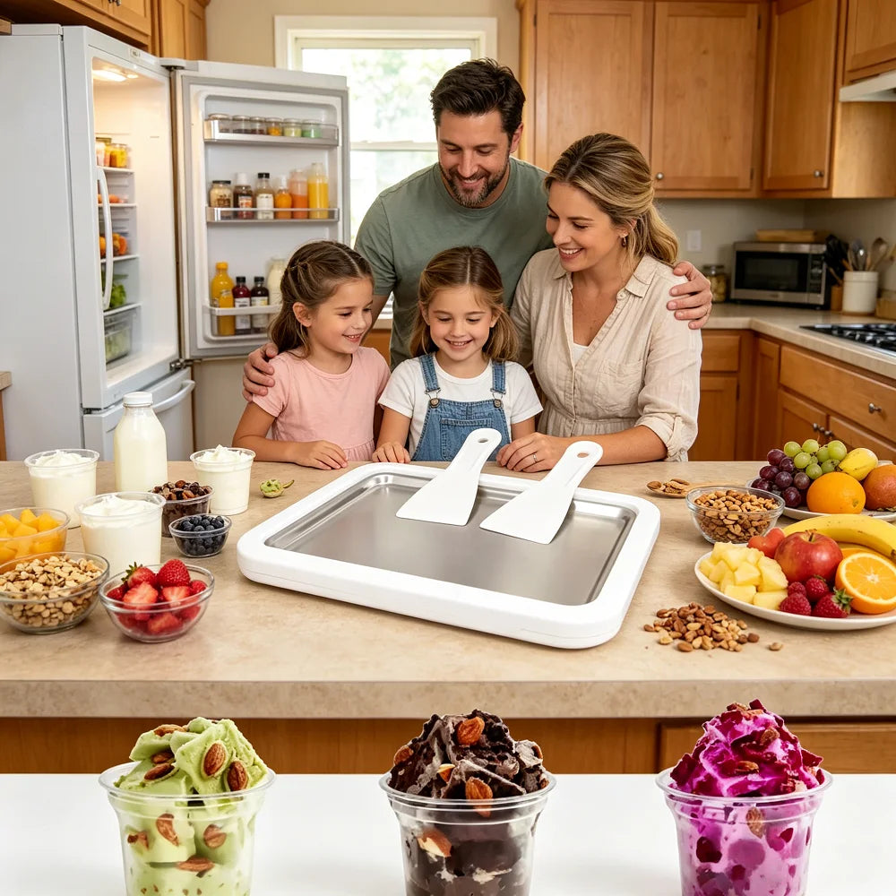 Ice Cream Maker Pan with 2 Scrapers Ice Cream Maker Plate Multifunctional Cold Sweet Fried Food Plate Rolled Ice Cream Maker