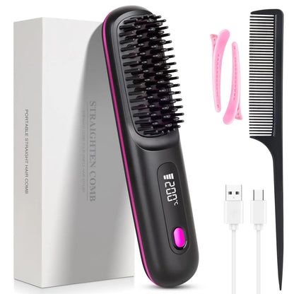Portable Hair Straightener Brush Cordless USB Charging Straightening Comb LED Display & Ceramic Coating, Ionic Technology