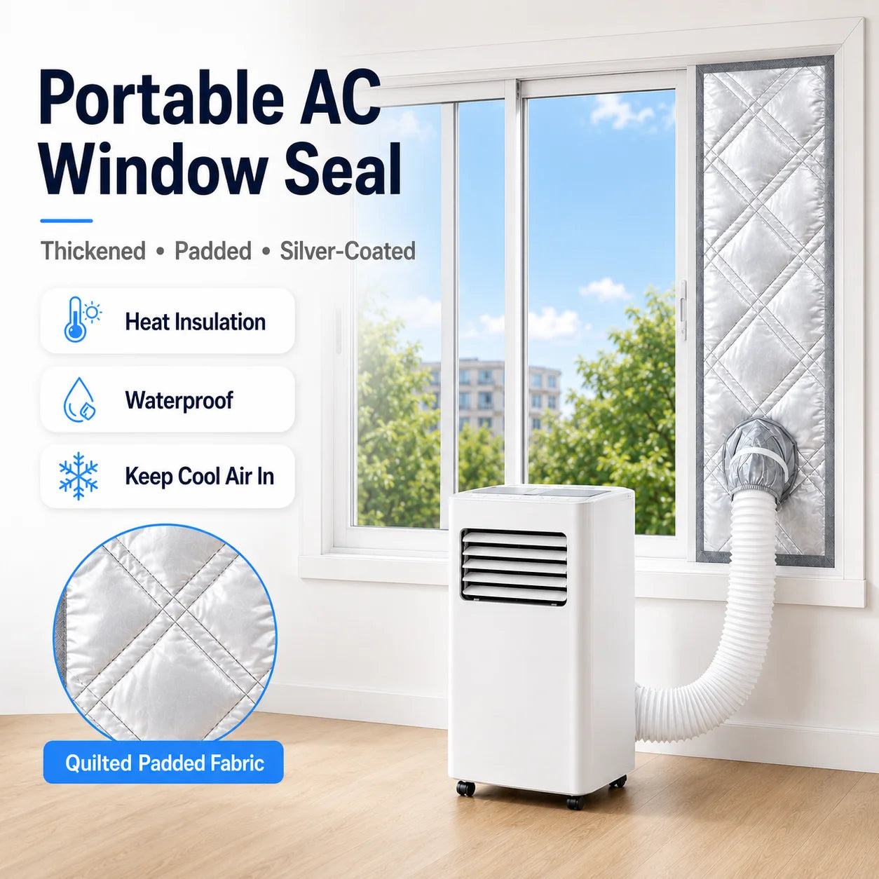 Padded Portable AC Window Seal Kit Silver Coated Sliding Window Vent Cloth for Air Conditioner Exhaust Hose Insulation
