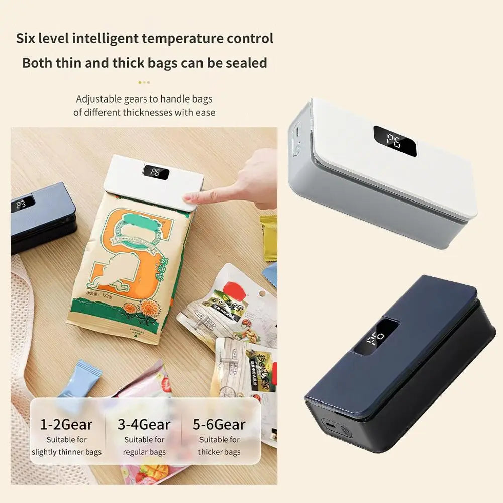 Portable Mini Bag Sealer with Cutter 6 Speed Adjustment LED Display No Preheating Food Storage Bag Heat Sealer