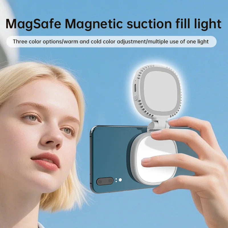 Magnetic Phone Selfie Light with Mirror, Rechargeable LED Ring Light, Black & White, Portable for Makeup, TikTok, Vlog & Video C