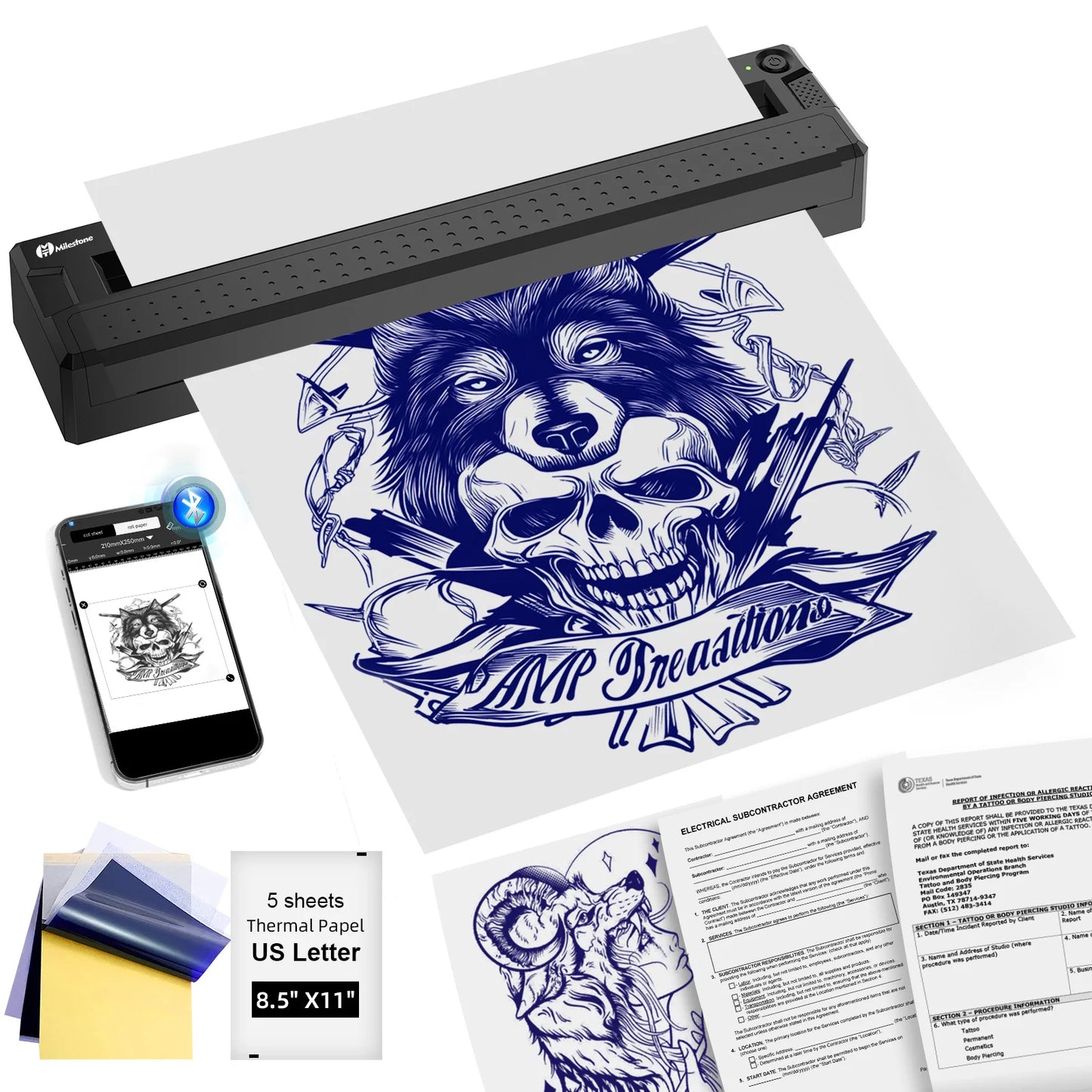 Portable Bluetooth Thermal Printer - Mini Wireless Printer for Tattoo Stencil & Document Printing, Equipped with Tattoo Paper +