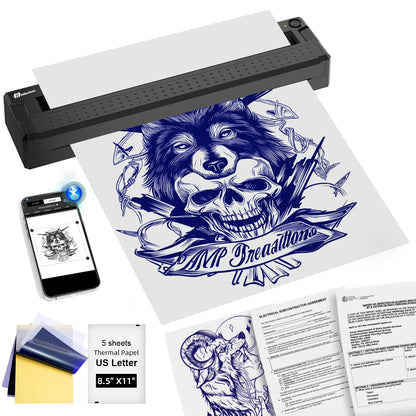 Portable Bluetooth Thermal Printer - Mini Wireless Printer for Tattoo Stencil & Document Printing, Equipped with Tattoo Paper +