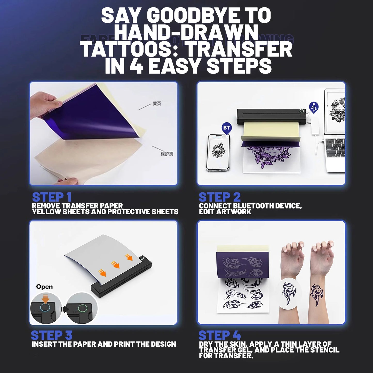 Portable A4 Thermal Printer Mini Tattoo Stencil Transfer Printer Multifunctional Tattoo Document Printer Wireless Bluetooth