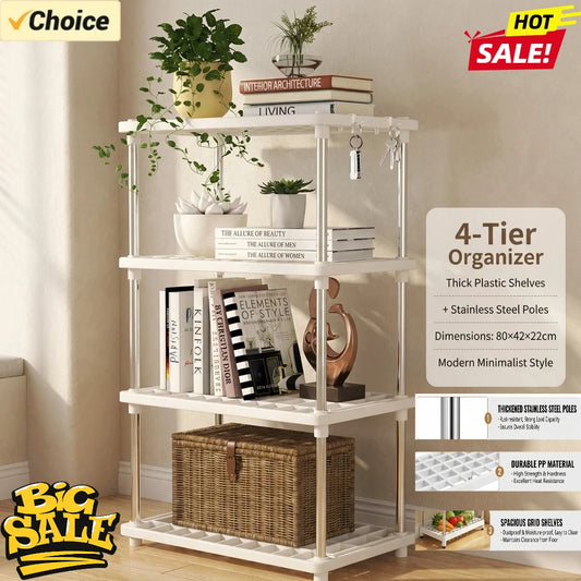 4 Tier Storage Shelf Organizer, Multipurpose Shelving Unit with Stainless Steel Poles for Kitchen Bathroom Living Room Storage