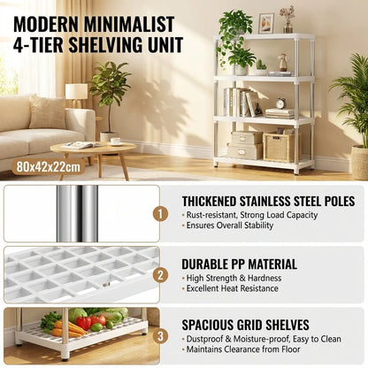 4 Tier Storage Shelf Organizer, Multipurpose Shelving Unit with Stainless Steel Poles for Kitchen Bathroom Living Room Storage