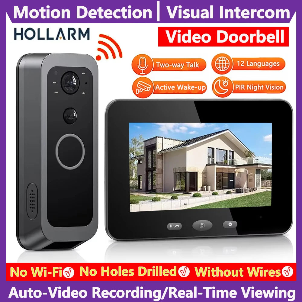 Hollarm Smart Two-way Intercom Doorbell Video Door Viewer Auto Recording No Network Request Waterproof Door Camera No APP/ WiFi