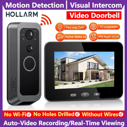 Hollarm Smart Two-way Intercom Doorbell Video Door Viewer Auto Recording No Network Request Waterproof Door Camera No APP/ WiFi