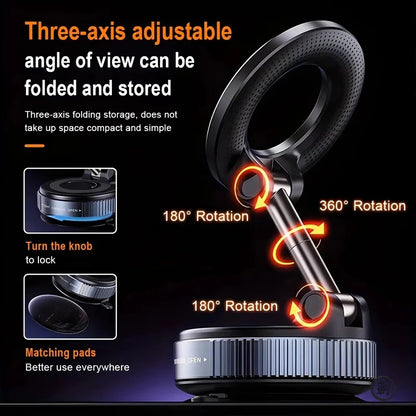 Strong Magnetic Car Phone Holder Foldable Magsafe Design 360° Adjustable Vacuum Mount for Car/Desk/Bathroom/Universal Use Metal