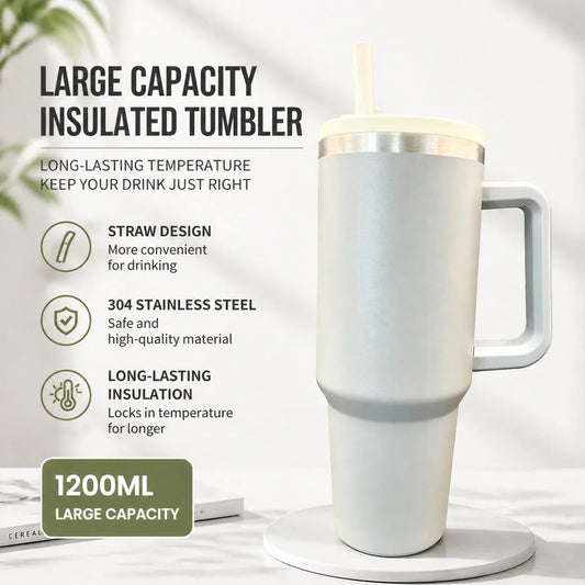 40oz 1200ML Insulated Tumbler w/Handle & Straw, Double Wall Thermal Cup, Travel Coffee Mug, Gift
