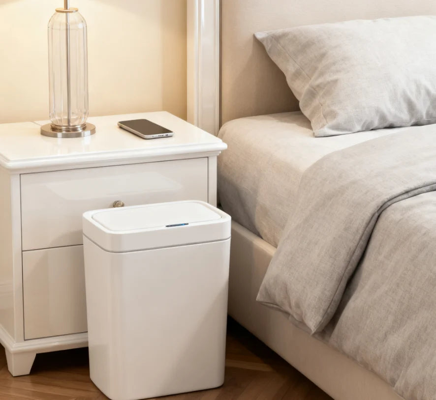 White Touchless 15L Smart Sensor Trash Can – Electronic Bathroom Garbage Bin with Automatic Bagging, Smart Home Compatible