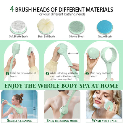 Electric Body Brush with 4 Heads,Back Scrubber for Shower, Waterproof Long Dual Handle Power Body Scrubber, Bath Brush for Clean