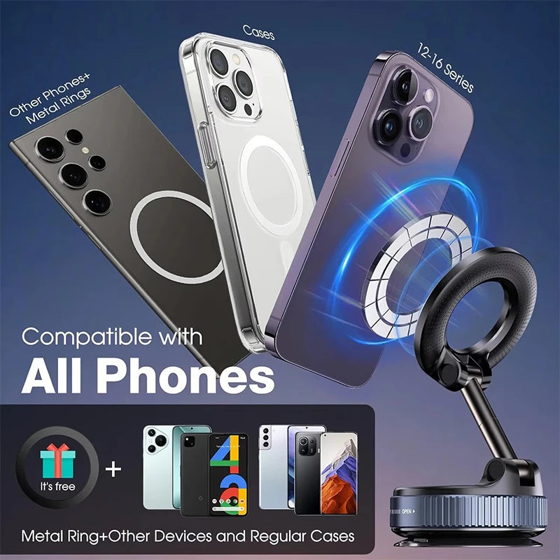 Strong Magnetic Car Phone Holder Foldable Magsafe Design 360° Adjustable Vacuum Mount for Car/Desk/Bathroom/Universal Use Metal