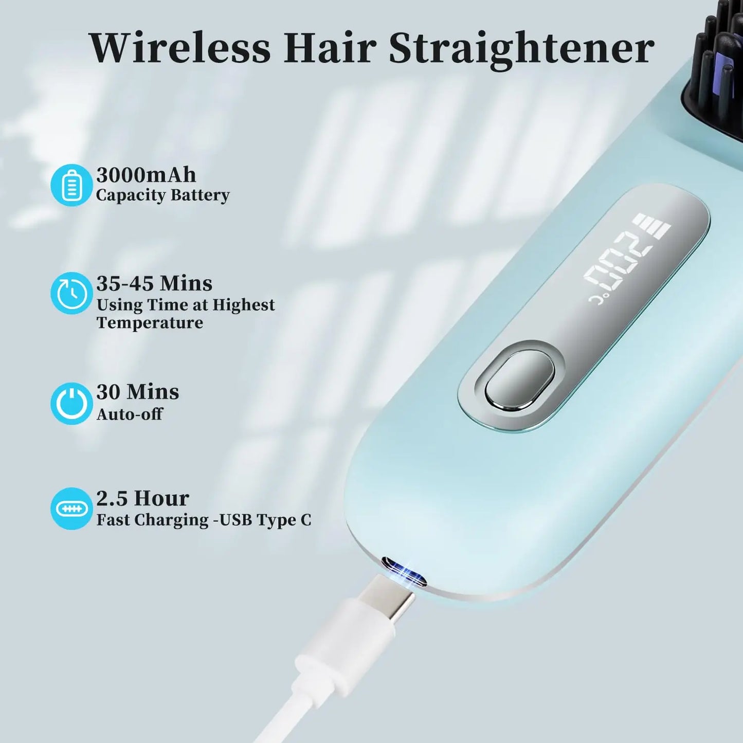 Portable Hair Straightener Brush Cordless USB Charging Straightening Comb LED Display & Ceramic Coating, Ionic Technology