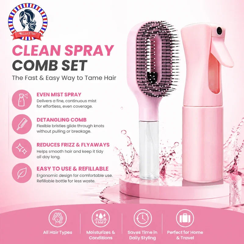 2-in-1 Spray Hair Brush Set Detangling Anti-Static Scalp Massage Comb with Continuous Mist Spray Bottle for Wet Dry Hair Styling