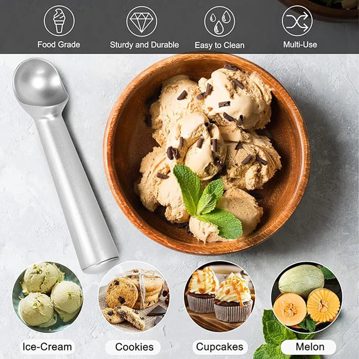1pc Self-Warming Ice Cream Scoop - Effortless Ice Cream & Fruit Serving Tool, Durable Aluminium Alloy Construction 1.5/2/2.5/3oz