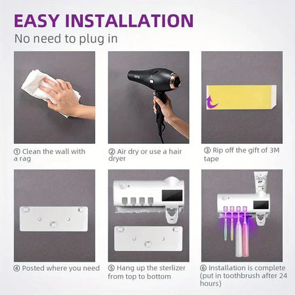 Upgraded 3-in-1 Electric Blue Light Disinfection Toothbrush Holder with Toothpaste Dispenser, Wall-Mounted No-Drill USB Charging