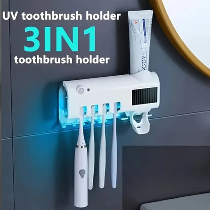 Upgraded 3-in-1 Electric Blue Light Disinfection Toothbrush Holder with Toothpaste Dispenser, Wall-Mounted No-Drill USB Charging