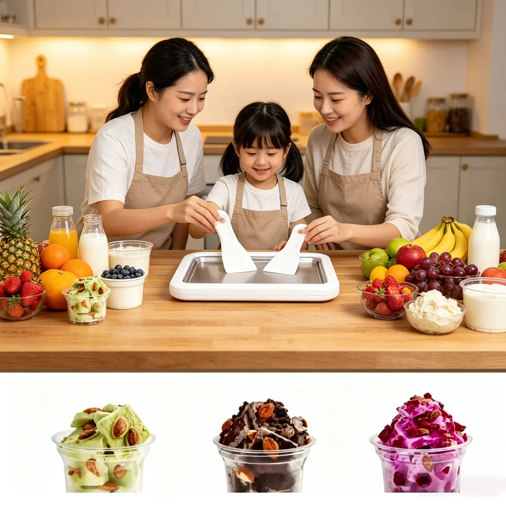 Ice Cream Maker Pan with 2 Scrapers Ice Cream Maker Plate Multifunctional Cold Sweet Fried Food Plate Rolled Ice Cream Maker
