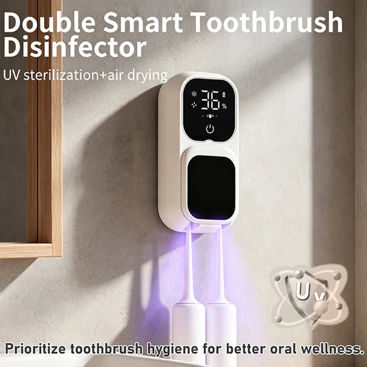 Mini Dual Toothbrush UV Steriliser, Portable Rechargeable Disinfector with Sensor Switch & Charging Display