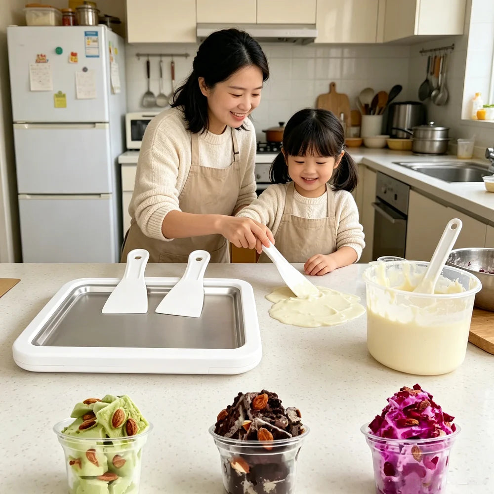 Ice Cream Maker Pan with 2 Scrapers Ice Cream Maker Plate Multifunctional Cold Sweet Fried Food Plate Rolled Ice Cream Maker