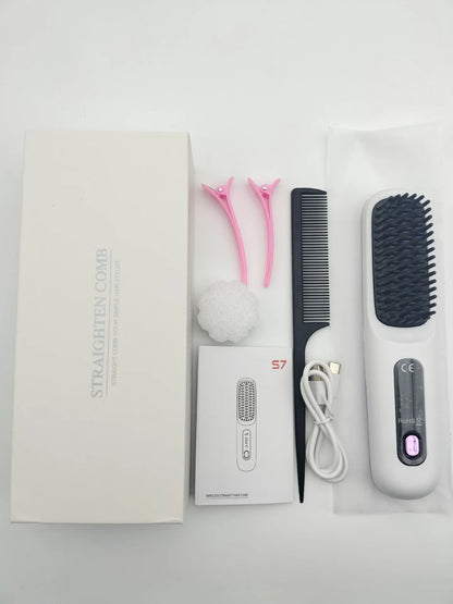 Portable Hair Straightener Brush Cordless USB Charging Straightening Comb LED Display & Ceramic Coating, Ionic Technology