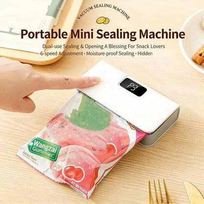 Portable Mini Bag Sealer with Cutter 6 Speed Adjustment LED Display No Preheating Food Storage Bag Heat Sealer