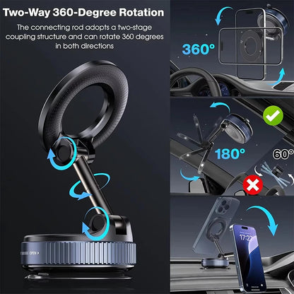 Strong Magnetic Car Phone Holder Foldable Magsafe Design 360° Adjustable Vacuum Mount for Car/Desk/Bathroom/Universal Use Metal