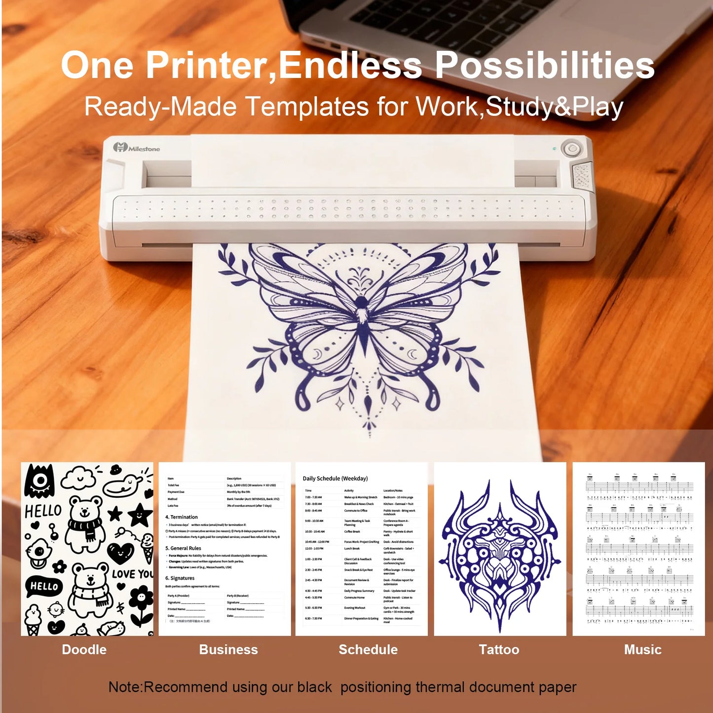 Portable Bluetooth Thermal Printer - Mini Wireless Printer for Tattoo Stencil & Document Printing, Equipped with Tattoo Paper +