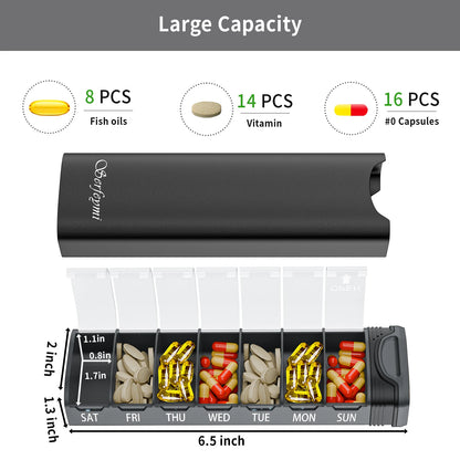Serfeymi Metal Weekly Pill Organizer - 7-Day Travel Pill Case W/ Spare Gasket | Dosette Box, Tablet & Medicine Holder