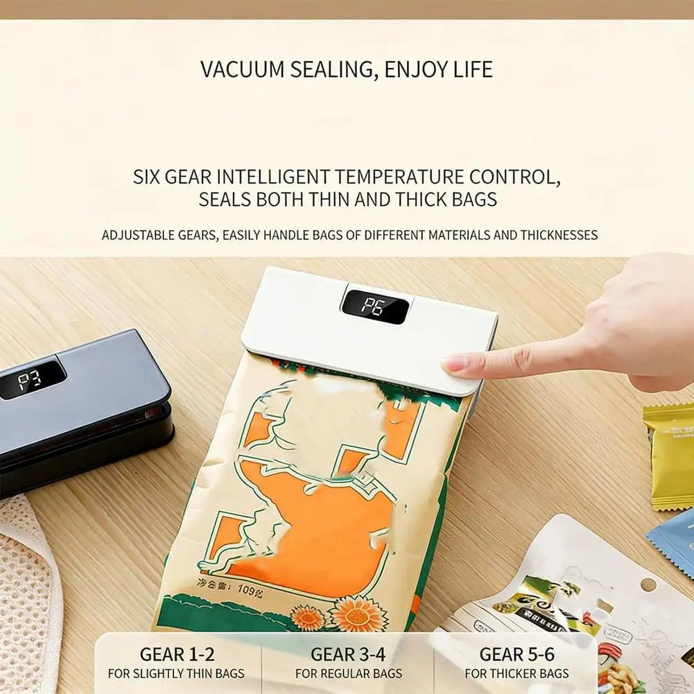 Portable Mini Bag Sealer with Cutter 6 Speed Adjustment LED Display No Preheating Food Storage Bag Heat Sealer