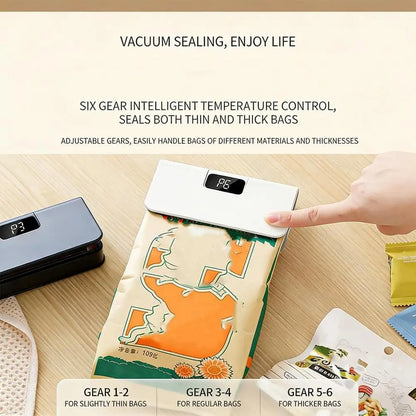 Portable Mini Bag Sealer with Cutter 6 Speed Adjustment LED Display No Preheating Food Storage Bag Heat Sealer