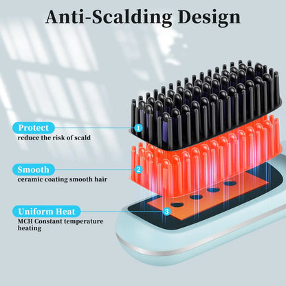 Portable Hair Straightener Brush Cordless USB Charging Straightening Comb LED Display & Ceramic Coating, Ionic Technology