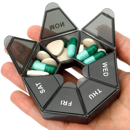 Portable Weekly Pill Organizer 7 Compartments Dark Color Pill Case Waterproof Medicine Dispenser for Travel Daily Use
