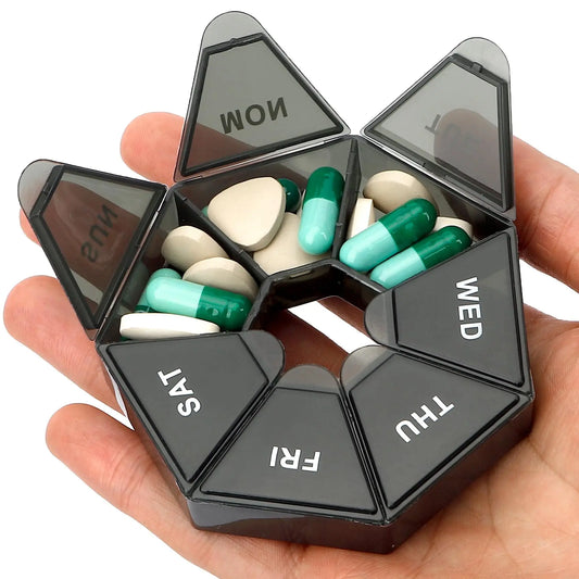 Portable Weekly Pill Organizer 7 Compartments Dark Color Pill Case Waterproof Medicine Dispenser for Travel Daily Use