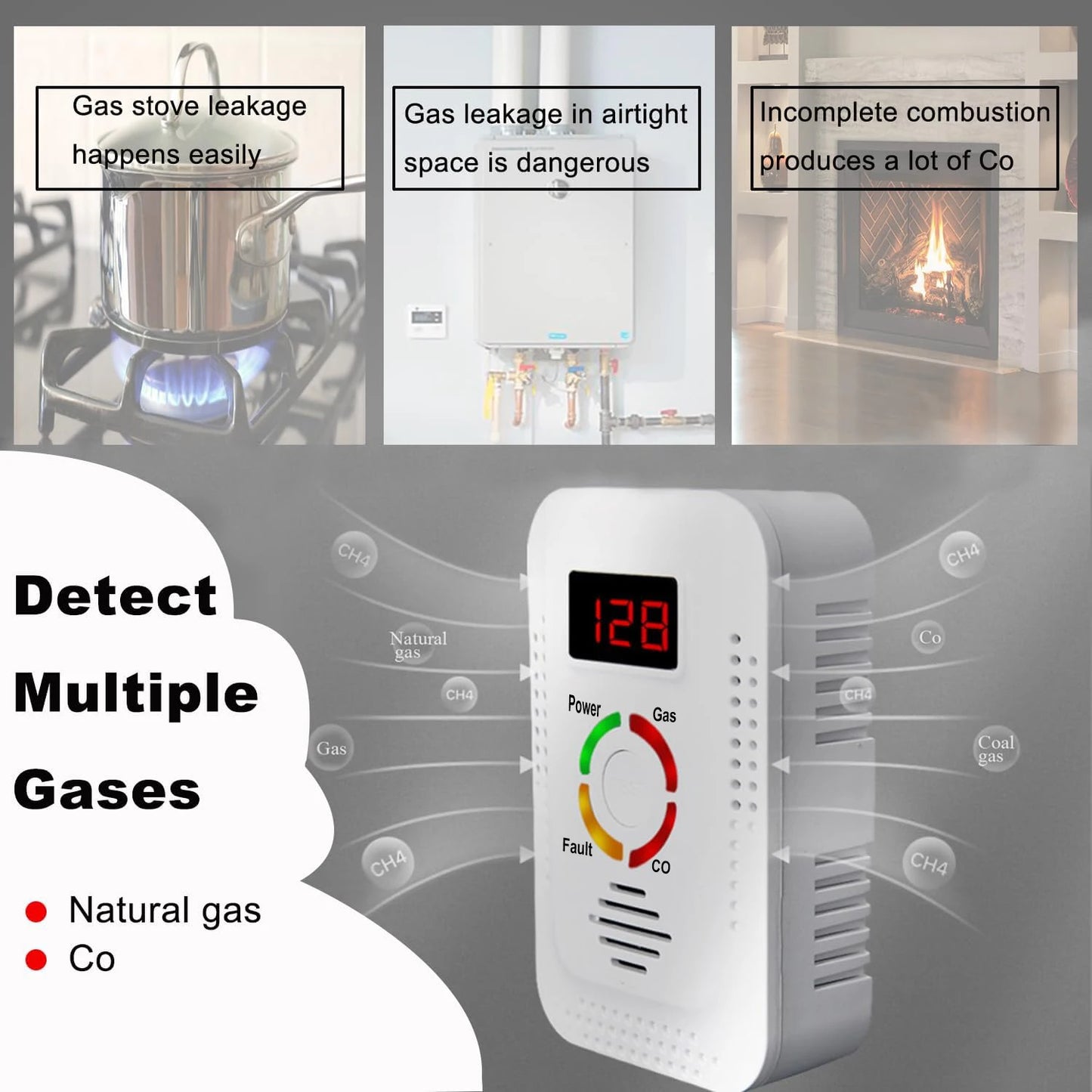 Natural Gas Detector 2in1 And Carbon Monoxide CO Detector, Combustible Gas Leak Detector Monitor For Co, Lpg, Methane In Kitchen