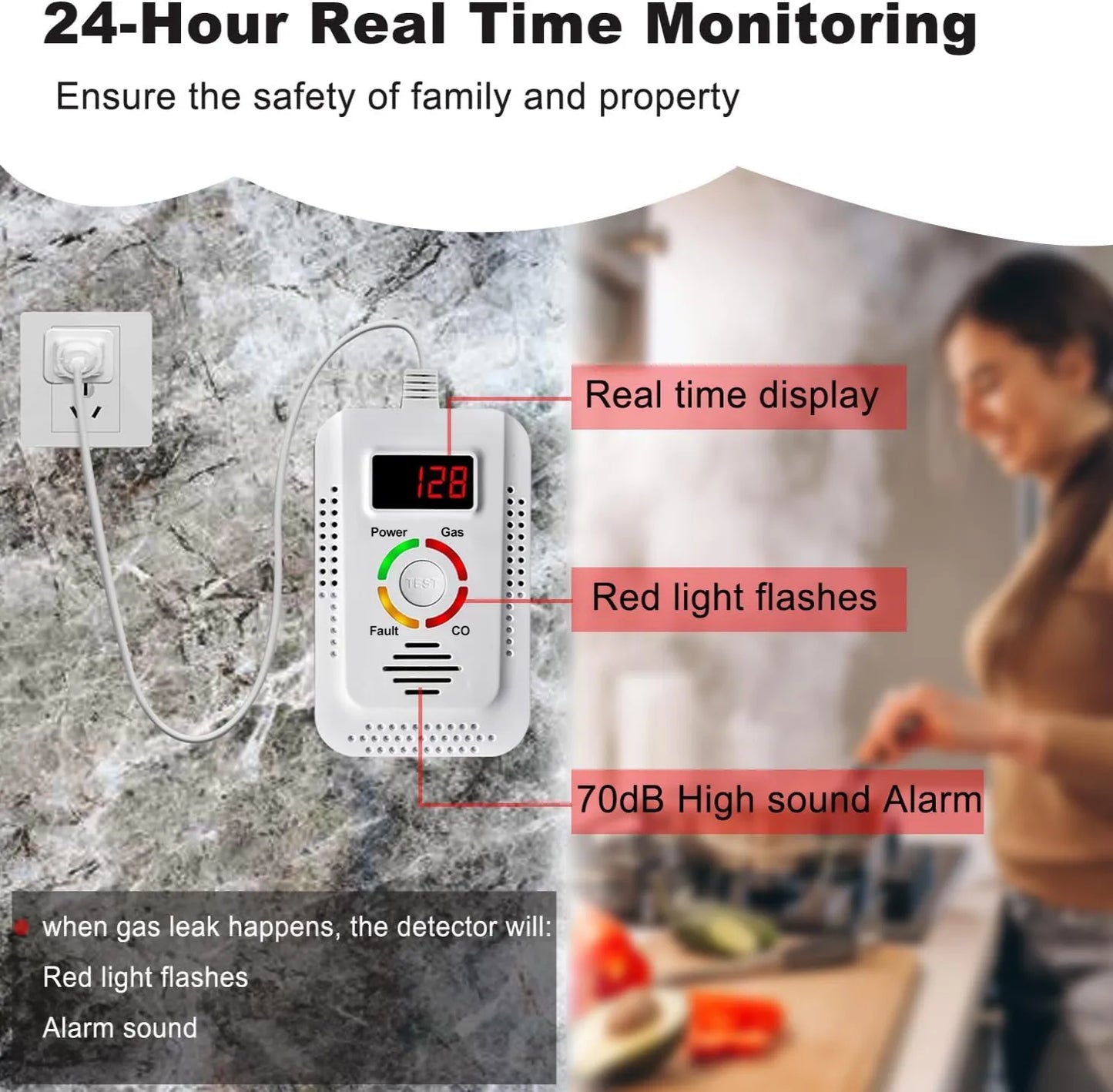 Natural Gas Detector 2in1 And Carbon Monoxide CO Detector, Combustible Gas Leak Detector Monitor For Co, Lpg, Methane In Kitchen