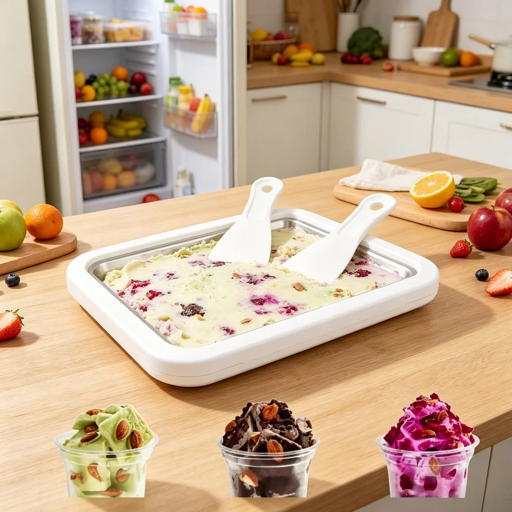 Ice Cream Maker Pan with 2 Scrapers Ice Cream Maker Plate Multifunctional Cold Sweet Fried Food Plate Rolled Ice Cream Maker