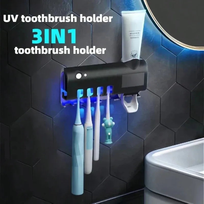 Upgraded 3-in-1 Electric Blue Light Disinfection Toothbrush Holder with Toothpaste Dispenser, Wall-Mounted No-Drill USB Charging